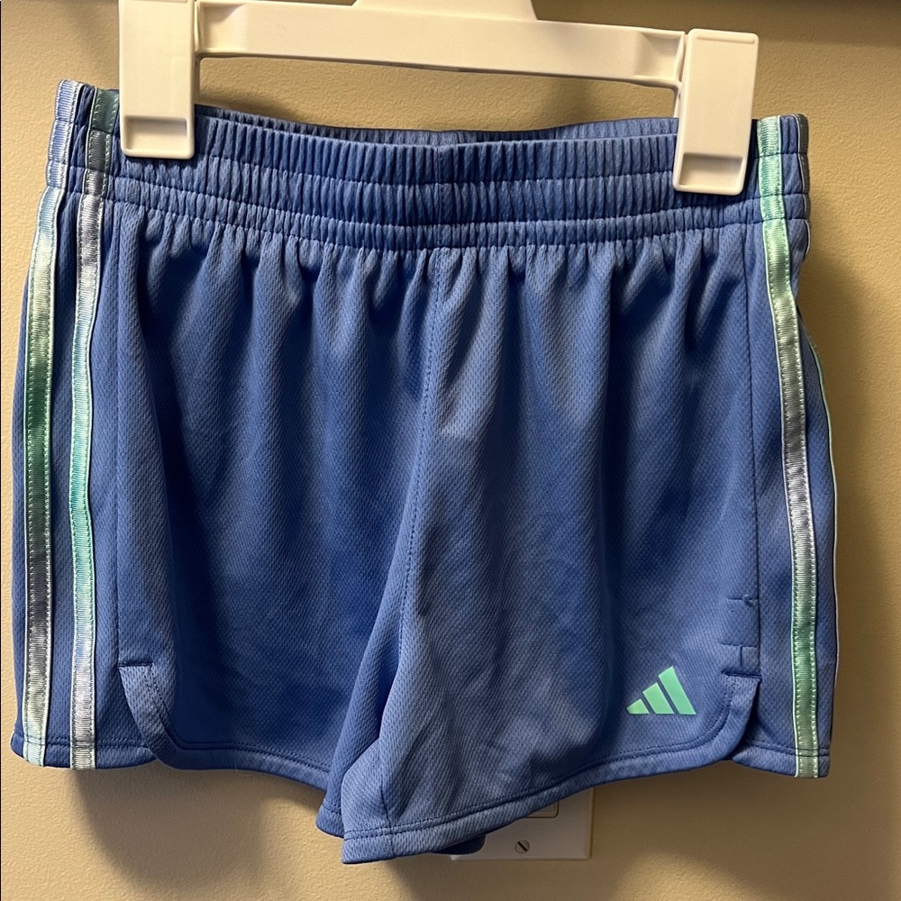 adidas Blue Girls' Athletic Shorts with Mint Stripes
